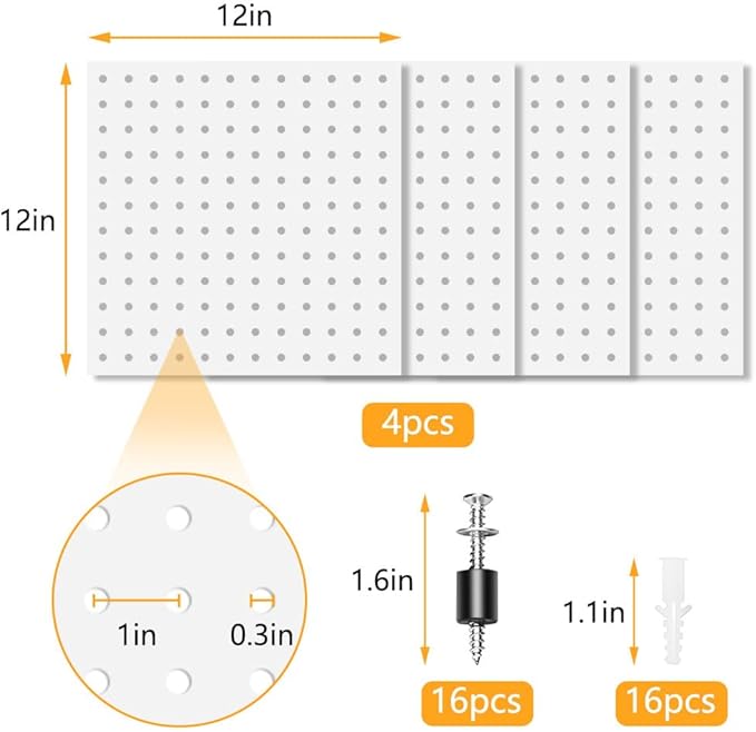 4PCS Pegboard,Metal PegBoard, Peg Board Wall Organizer, Pegboard Storage System for Workbench, Shop, Shed Modular Peg Board Organizer Board Kit