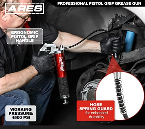 ARES 53015 – Professional Pistol Grip Grease Gun – Includes 18-Inch Flex Hose with Spring Guard and 6-Inch Offset Extension – 4500 PSI Working Pressure Rating
