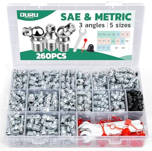 OURU 260PCS Grease Fittings Assortment Kit, SAE & Metric with Caps & Wrench