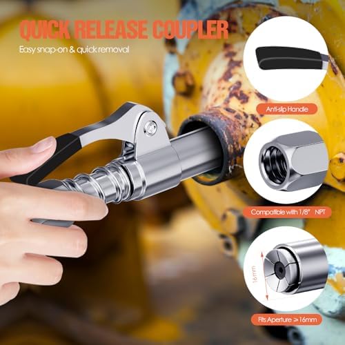 TRILINK Grease Gun Coupler Kit – 8PCS Grease Gun Accessory Set with Quick Release Coupler, 90° Adapter, 12” Flexible Hose, Grease Gun Nozzle, Narrow Needle Nozzle, 2 Injector Needle Tips & Cleaner