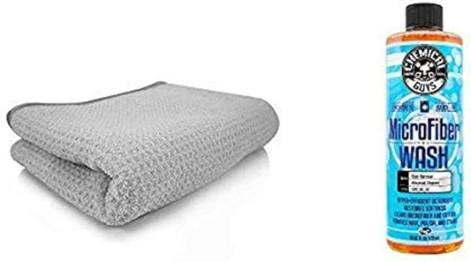 Chemical Guys MIC_781_01 Waffle Weave Gray Matter Microfiber Drying Towel (25 in. x 36 in) CWS_201_16 Microfiber Wash Cleaning Detergent Concentrate (16 oz)