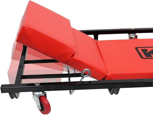 K Tool International 74961 Creeper Seat, Adjustable Headrest with Fully Padded Support, Oil Resistant Rubber Casters, Epoxy Coated Steel Frame for Shop Mobility