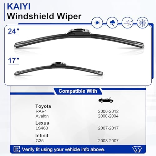 KAIYI 24" + 17" Windshield Wipers Compatible with Toyota RAV4 2006-2012,Avalon 2000-2004,Lexus LS460 2007-2017,Infiniti G35 2003-2007 Premium Automotive Replacement Windshield Wiper Blades 2 Pack