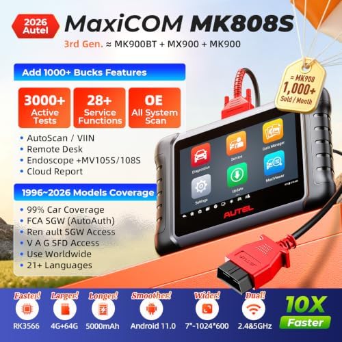 Autel Scanner MaxiCOM MK808S: 2026 Bidirectional Tool as MaxiCheck MX900 MK900BT MK808BT Pro MX808S 808Z, 28+ Service for 200+ Brands, 3000+ Active Test, All System Diagnose, Injector, FCA & SGW OS 11