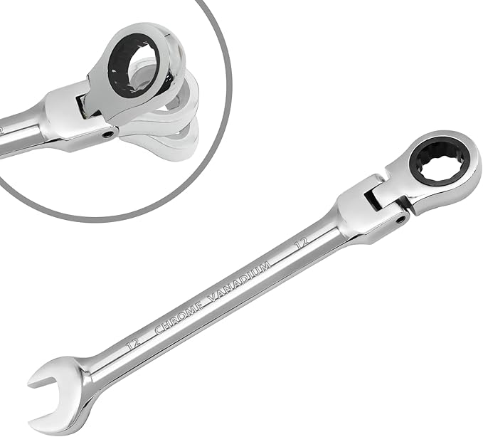 12mm Flex Head Ratchet Wrench, 12 Point Chrome Vanadium Steel Combination Spanner with 72 Tooth Ratcheting Gear, Metric Industrial Grade Tool for Automotive and Mechanical Maintenance