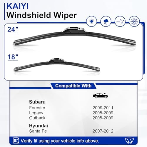 KAIYI 24" + 18" Windshield Wipers Compatible with Subaru Forester 2009-2011,Legacy 2005-2009,Outback 2005-2009,Hyundai Santa Fe 2007-2012 Premium Automotive Replacement Windshield Wiper Blades 2 Pack