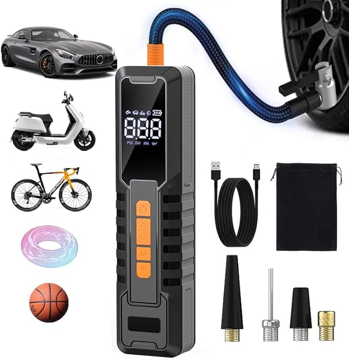 Tire Inflator Portable Air Compressor, 150PSI Air Pump for Cars Tires, LCD Display Tire Pressure Gauge 6000mAh & LED Light, Cordless Portable Air Compressor for Cars, Motorcycles, Bikes, Balls