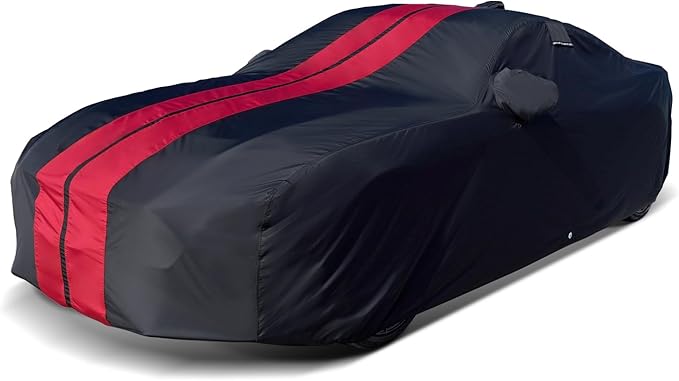 iCarCover Premium Car Cover for 2005-2023 Ford Mustang Coupe Convertible GT Ecoboost Mach 1 Heavy Duty Waterproof All Weather Automobiles Custom Fit Full Exterior UV Protection (Stripe - Black/Red)