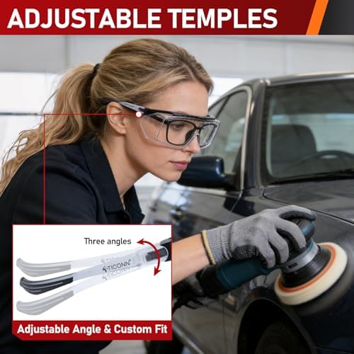 TICONN Safety Glasses Over Eyeglasses for Men Women, Anti-Fog ANSI Z87.1 Eye Goggles with Adjustable Arms and UV Protection