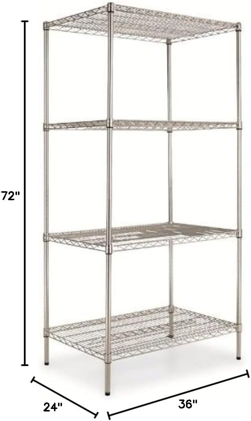 Alera SW503624SR Wire Shelving Starter Kit, 4 Shelves, 36w x 24d x 72h, Silver