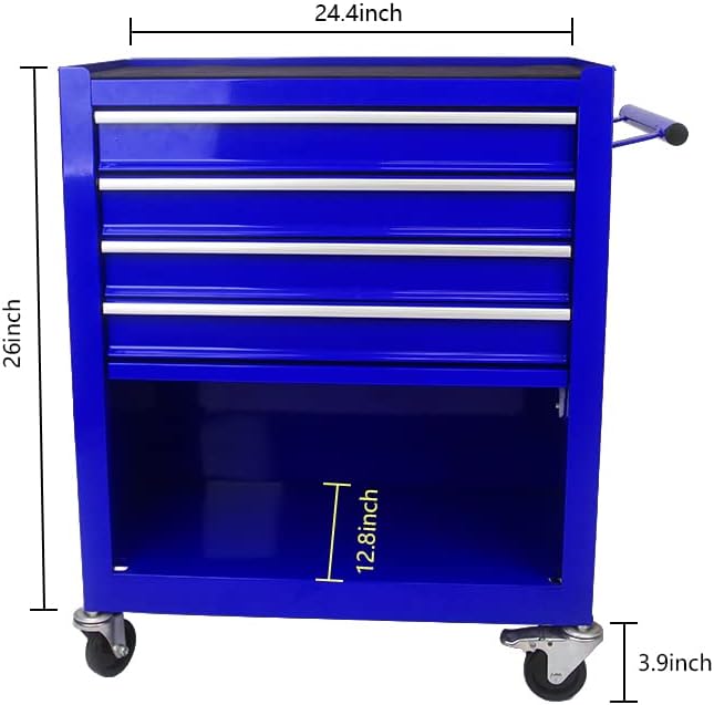 4 Drawer Tool Cart on Wheels, Rolling Tool Cart, Heavy Duty Utility Industrial Service Cart Storage Organizer with Locking System，Drawers Rolling Tool Box Organizer Tool Case for Garage, Repair Shop