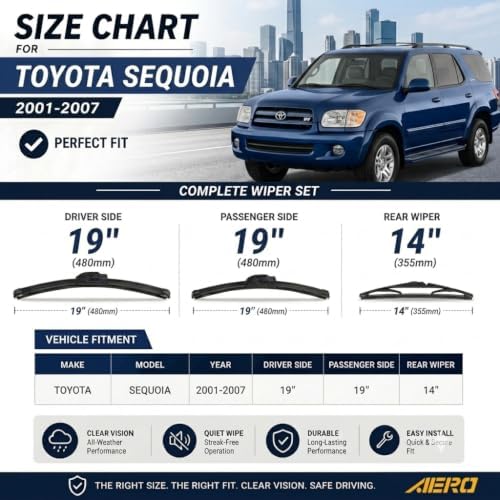 AERO Wipers OEM Replacement for Toyota Sequoia 2001-2007, 19"+19" Front + 14" Rear, Premium All-Season Windshield Wiper Blades with Extra Squeegee Refills + 1-Year Warranty (Set of 3)