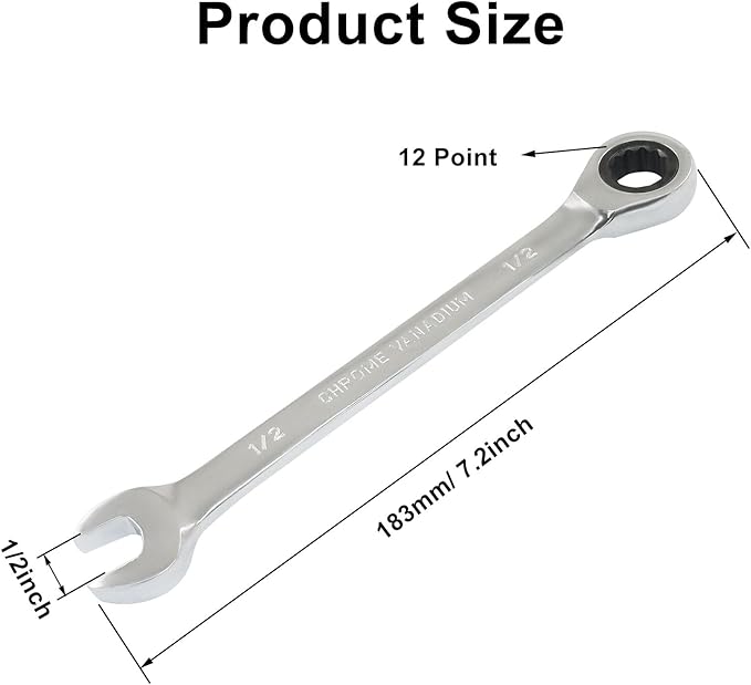 2 Pcs 1/2 Inch Ratchet Wrench Imperial Ratcheting Combination Wrench Set, 12 Point, 72 Teeth for Projects SAE Tight Spaces
