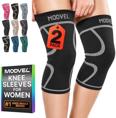 Modvel 2 Pack Knee Brace for Women - Knee Support for Walking, Knee Compression Sleeves for Pain Relief, Knee Sleeves for Women, Knee Brace for Sports, Workouts & Arthritis