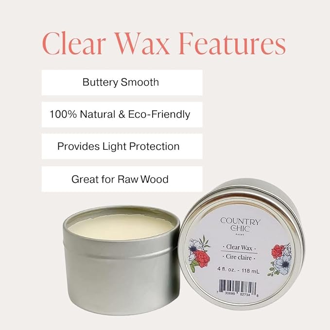 Furniture Wax - 100% Natural Sealant for Chalk Furniture Paint or Raw Wood, Light Protection, Easy to Apply, No Odor, Eco-Friendly - 7 Color Choices - Clear (4 oz)