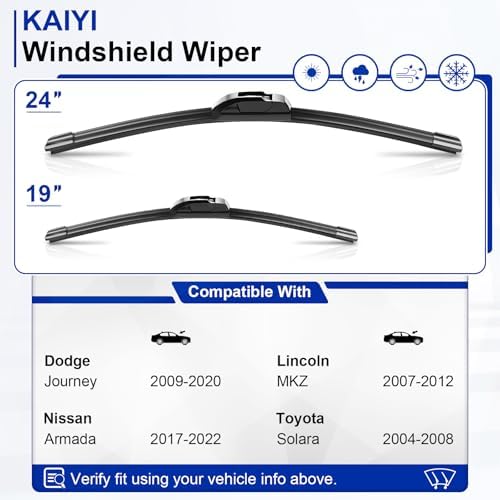 KAIYI 24" + 19" Windshield Wipers Compatible with Dodge Journey 2009-2020,Nissan Armada 2017-2022,Lincoln MKZ 2007-2012 Premium Automotive Replacement Windshield Wiper Blades 2 Pack