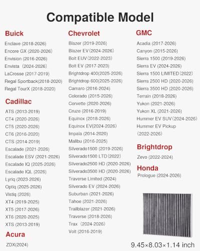 Puroma 1 Cabin Air Filter Activated Carbon for 6091C Chevrolet Cadillac GMC