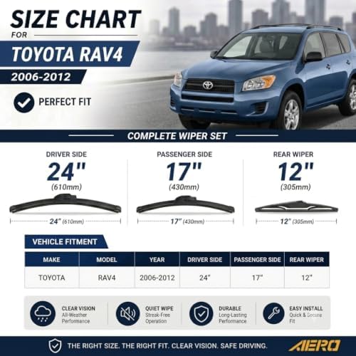 AERO Wipers Replacement for Toyota RAV4 2012 2011 2010 2009 2008 2007 2006, 24"+17" Front + 12" Rear, All-Season Windshield Wiper Blades with Extra Squeegee Refills + 1-Year Warranty (Set of 3)