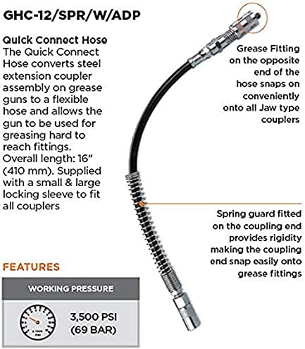 PROLUBE Quick Connect Grease Fitting Adaptor – Quick Connect Hose | 3,500 PSI | Overall Length: 16” | Use with Hand Operated Grease Guns (44910)