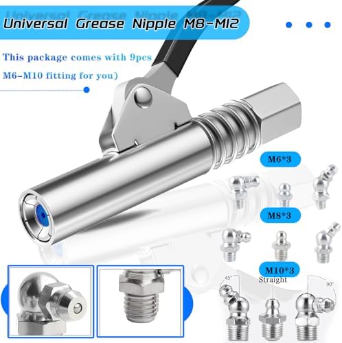 Grease Gun Coupler Quick Lock Release Lube 2pcs Grease Gun Tip Fitting+Grease Gun Hose Tube Extra Gift 9pcs Grease Nipple Nozzle M6-M10 Kit Compatible With All Grease Gun 1/8" Npt Ends 12000 PSI