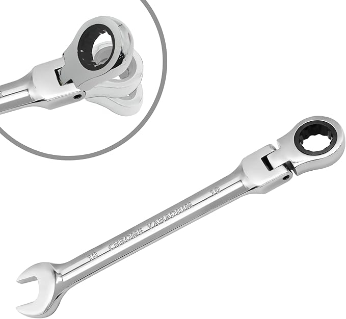 10mm Flex Head Ratchet Wrench, 12 Point Chrome Vanadium Steel Combination Spanner with 72 Tooth Ratcheting Gear, Metric Industrial Grade Tool for Automotive and Mechanical Maintenance