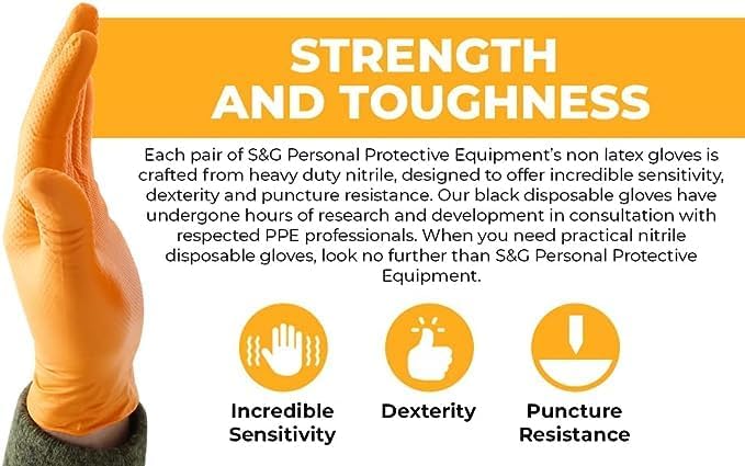 S&G Orange Nitrile Gloves Disposable Latex-Free 8Mil Thick Heavy Duty Powder-Free for Industrial, 1000 Pcs- Medium, Large, XL