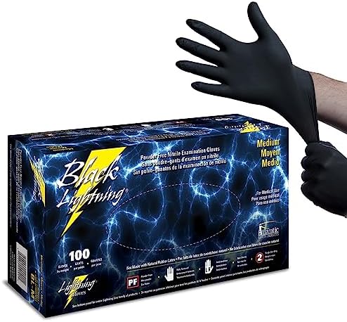 Black Lightning Nitrile Gloves 6 Mil, Disposable Powder-Free Exam & Work Gloves, Heavy Duty Chemical Resistant, Food Safe, Medical & Mechanic Gloves, Black, Medium, 100 Count