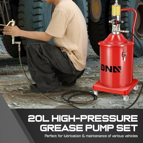 DNA Motoring 5 Gallon Air Grease Pump, 20L High-Pressure Grease Pump Set, Portable Pneumatic Grease Pump with Wheels, w/ 13ft High Pressure Hose, Grease Gun, TOOLS-00661