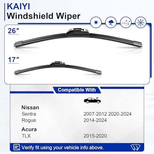 KAIYI 26" + 17" Windshield Wipers Compatible with Nissan Sentra 2007-2012 2020-2024,Rogue 2014-2024,Acura TLX 2015-2020 Premium Automotive Replacement Windshield Wiper Blades 2 Pack