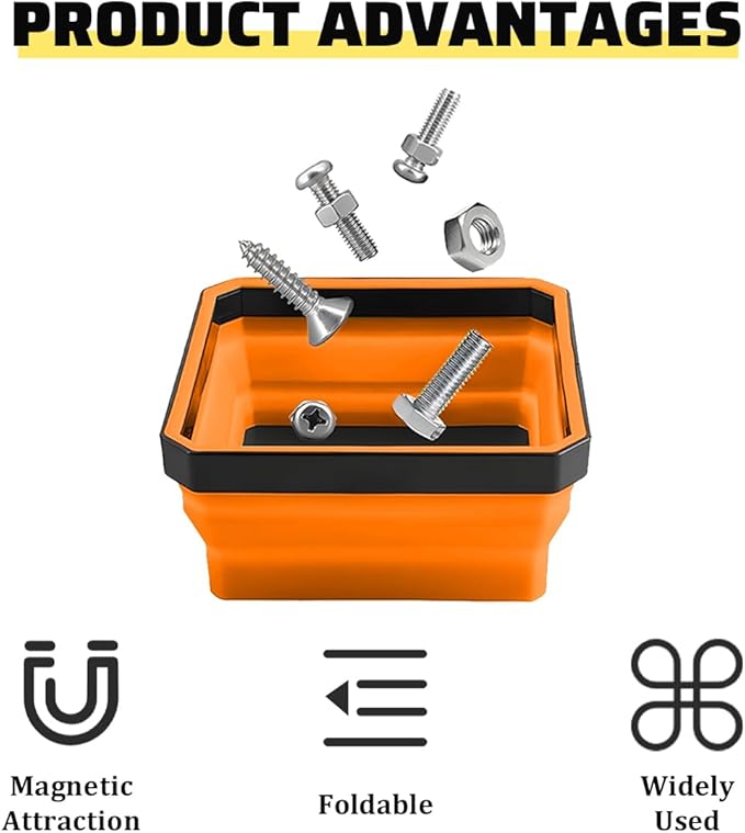 Collapsible Magnetic Car Parts Tray, Foldable Silicone Tool Tray with Magnetic Base, Double-Side Magnet Bowl for Auto Bolts, Screws, Nuts, Small Metal Parts, Universal Fit (Orange)