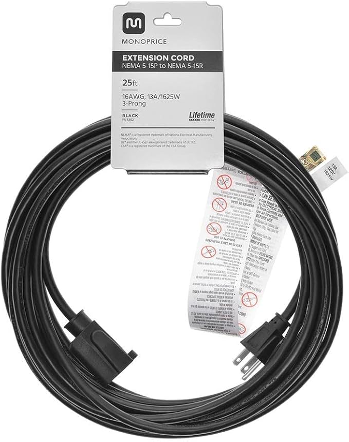 Monoprice 25ft 16AWG Power Extension Cord Cable - SJT 16/3C NEMA 5-15P TO NEMA 5-15R (13A/125V) AP301+SP506 - Black
