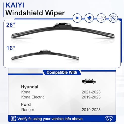 KAIYI 26" + 16" Windshield Wipers Compatible with Hyundai Kona 2021-2023,Kona Electric 2019-2023,Ford Ranger 2019-2023 Premium Automotive Replacement Windshield Wiper Blades 2 Pack