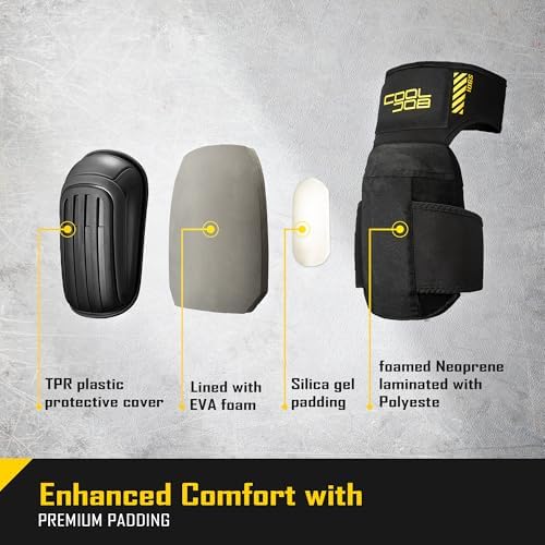 COOLJOB Professional Knee Pads with Heavy Duty Anti-Slip Cap, Comfortable Foam Cushion and Extra Thick Gel Padding for Construction Flooring, Reinforced & Adjustable Straps, Black