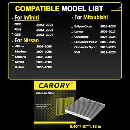 Cabin Air Filter w/Activated Carbon for Mitsubishi Outlander 2007-2024, Outlander Sport 2015-2025, Nissan Altima 2002-2006, Maxima 2004-2008, Infiniti G35 2003-2007 - Replaces CF10140, 7803A005, CF140