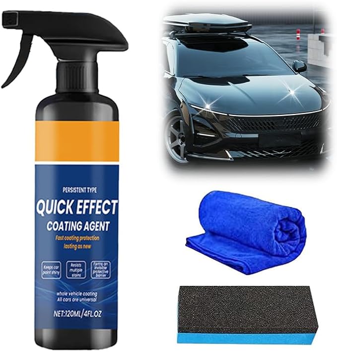 Car Coating Spray, Quick Effect Coating Agent, Oil Film Emulsion Glass Cleaner, Polish Spray Waterless Wash Wax for Scratches (1PC+Sponge+Cloth)
