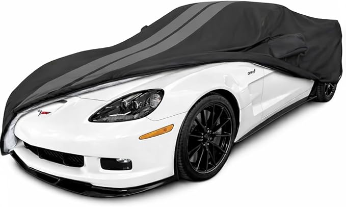 SR1 Performance USA C6 Corvette Car Cover Custom Fit Outdoor/Indoor UV Rain Protection - Ultraguard Plus 300 Denier High End for 2005-2013 C6, Z06, Grand Sport, ZR1 Corvettes (Black with Gray Stripes)