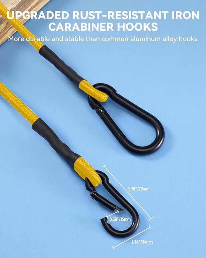 8 Pack 60 Inch Heavy Duty Bungee Cords with Carabiner Hooks, 190 lbs Max Strength Bungee Straps for Cargo, Bike, Cart, Roof Rack, Truck, Tent, Camping, Motorcycle, Outdoor Storage and More, Yellow