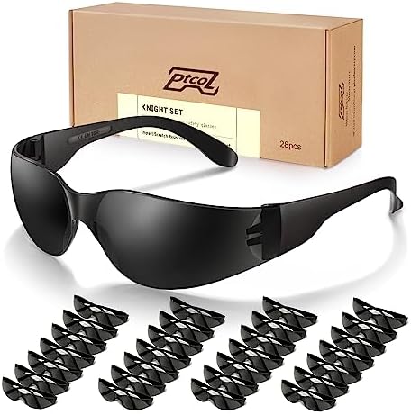 28 Pack Safety Glasses (Bulk Pack of 24+4) Unisex Black Tinted Anti-Scratch Protective Goggles Impact Resistant Lens Eyewear with ANSI Z87.1 Certified Perfect for Construction, Shooting and Laboratory