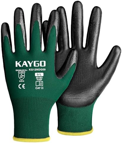 KAYGO Work Gloves for Men and Women, Black Nitrile Coated,KG12N,12Pairs