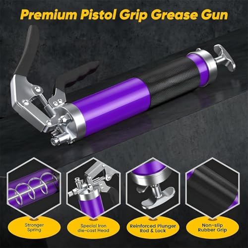 Car Grease Gun, 6000PSI Heavy-Duty Vehicle Pistol Grip Grease Gun Tool Kit, Greasing Kit with 12" Flex Reinforced Hose & Basic Couplers Extension Rigid Pipe, Universal Fit (Purple)