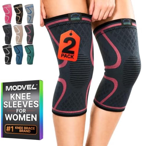 Modvel 2 Pack Knee Brace for Women - Knee Support for Walking, Knee Compression Sleeves for Pain Relief, Knee Sleeves for Women, Knee Brace for Sports, Workouts & Arthritis