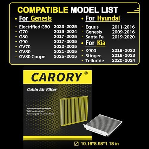CARORY Cabin Air Filter w/Activated Carbon for Kia Telluride 2020-2023, Hyundai Santa Fe 2019-2020, Genesis GV70 2022-2025, GV80 2021-2025, G70 2019-2023, G80 2017-2025, and More, CF735