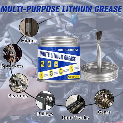 White Lithium Grease 60ml, Multi-Purpose Garage Door Lubricant with Brush, Bike Grease for Hinges, Bearings, Gears,Track Rail, Ideal for Household, Marine, Automotive, Industrial