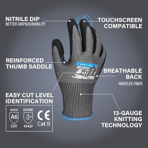 HAUTMEC ANSI A6 Cut Resistant Work Gloves for Men Women, EN388 4X42F Cutting Proof Gloves, Breathable 13-Gauge HPPE, Nitrile Coated, Touchscreen, Reinforced Thumb Saddle for Construction/Auto(M)