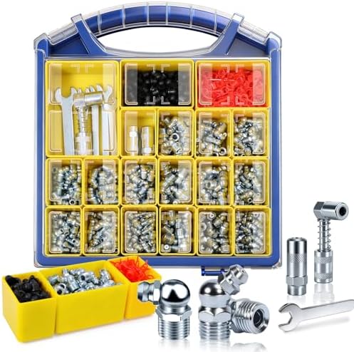 OURU 450PCS Grease Fittings Assortment, SAE & Metric,90°Grease Gun Couplers