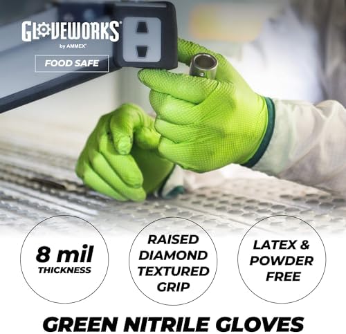 GLOVEWORKS HD Green Gloves, 8 Mil, Disposable, Heavy Duty Raised Diamond Grip, Latex Free, Mechanic Glove, XL, Case of 1000