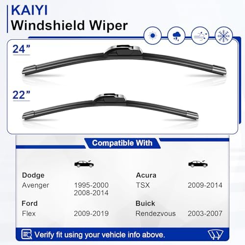 KAIYI 24" + 22" Windshield Wipers Compatible with Dodge Avenger 1995-2000 2008-2014,Ford Flex 2009-2019,Acura TSX 2009-2014 Premium Automotive Replacement Windshield Wiper Blades 2 Pack