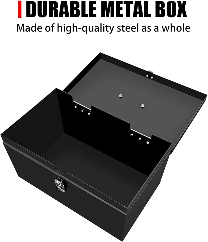 Peastorm Small Steel Metal Tool Box, Lockable Storage Box for Storing Valuable Items, Office Documents, Garage Tools (12" Black)