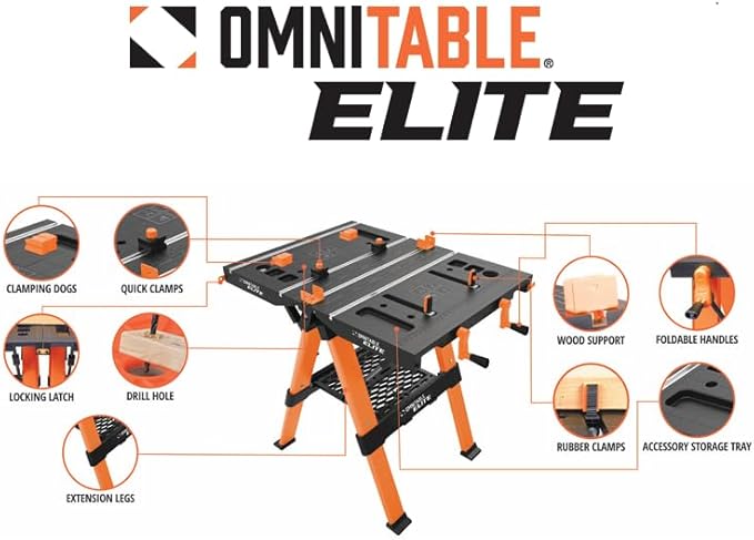 Disston OmniTable Elite Portable Workbench Worktable Sawhorse with Extra Large Work Surface with Built in Clamps. Easy Table Setup and Holds up to 440Lbs