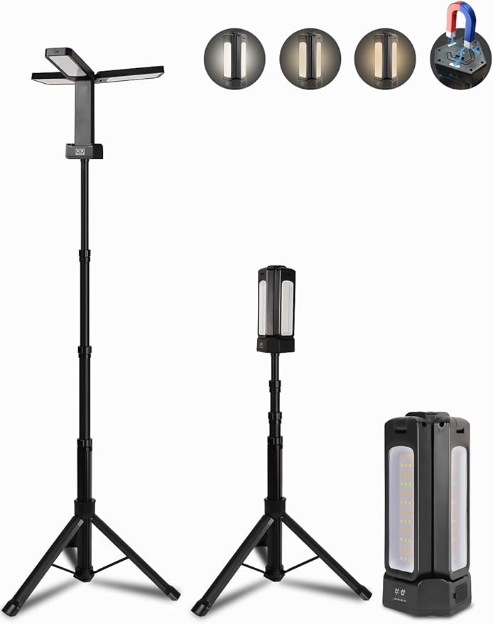 12000mAh Rechargeable LED Work Light with 74.8" Tall Stand, 2000/2500/3000 Lumens, Portable Cordless Work Light, 3000K/4500K/6000K Dimmable Camping Light with Detachable Tripod (Carrying Bag Included)